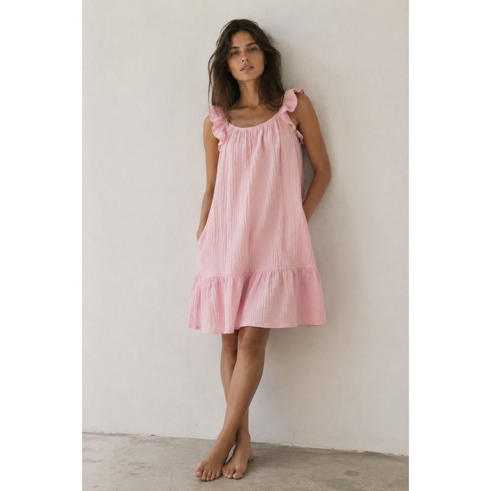 Petite Plume Gauze Celeste Sundress Pink Ruffle Cotton Dress Women's M $118